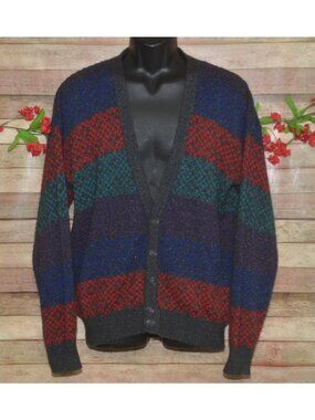 VTG Jantzen Mens L Grandpa Cardigan Sweater USA Colorblock Striped Coogi Style